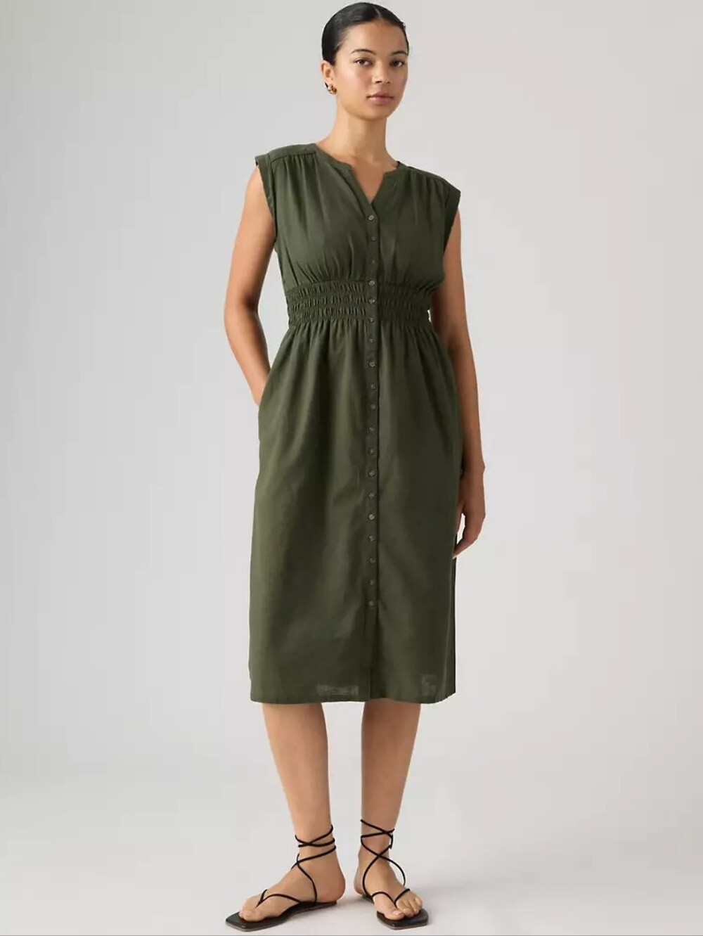 Levi's Betty Smocked Sleeveless Button-Front Midi Dress Army Green Size Large